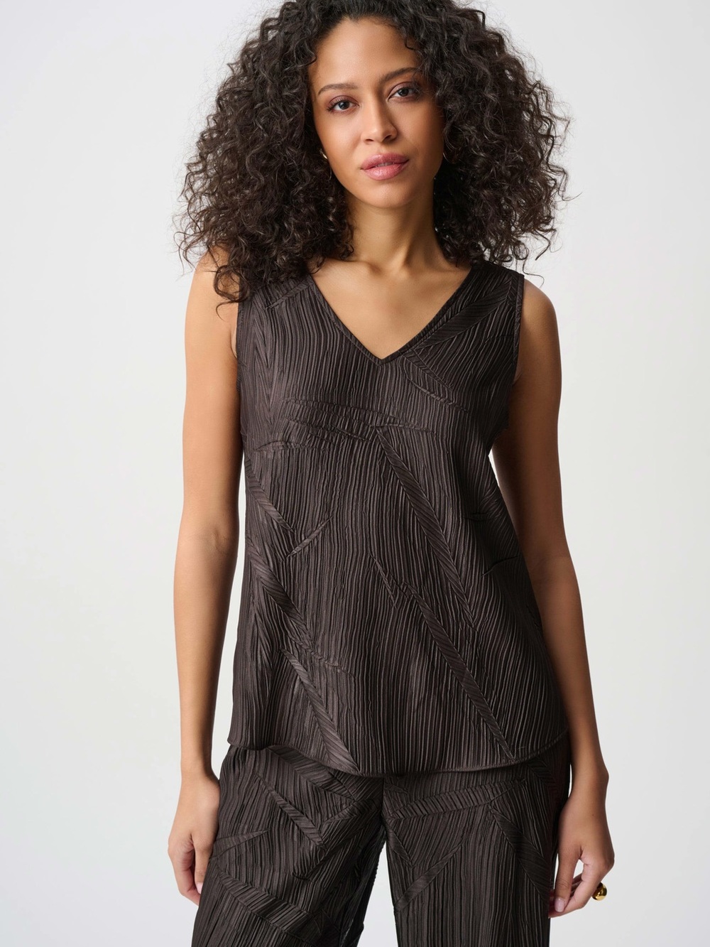 Joseph Ribkoff Brown Textured V-Neck Sleeveless Tank